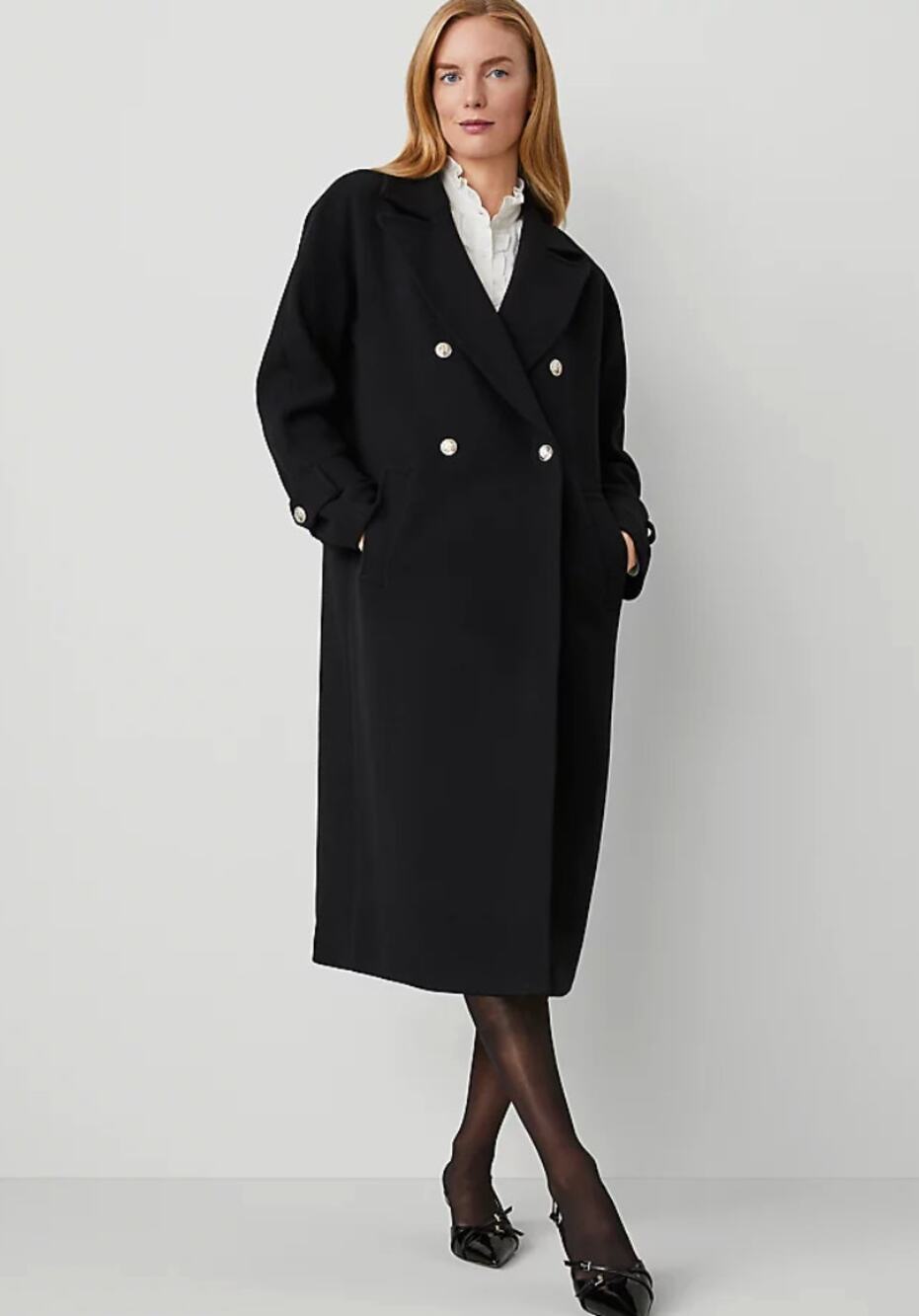 NWOT Ann Taylor Double Breasted Coat Black Silver Buttons XS Petite